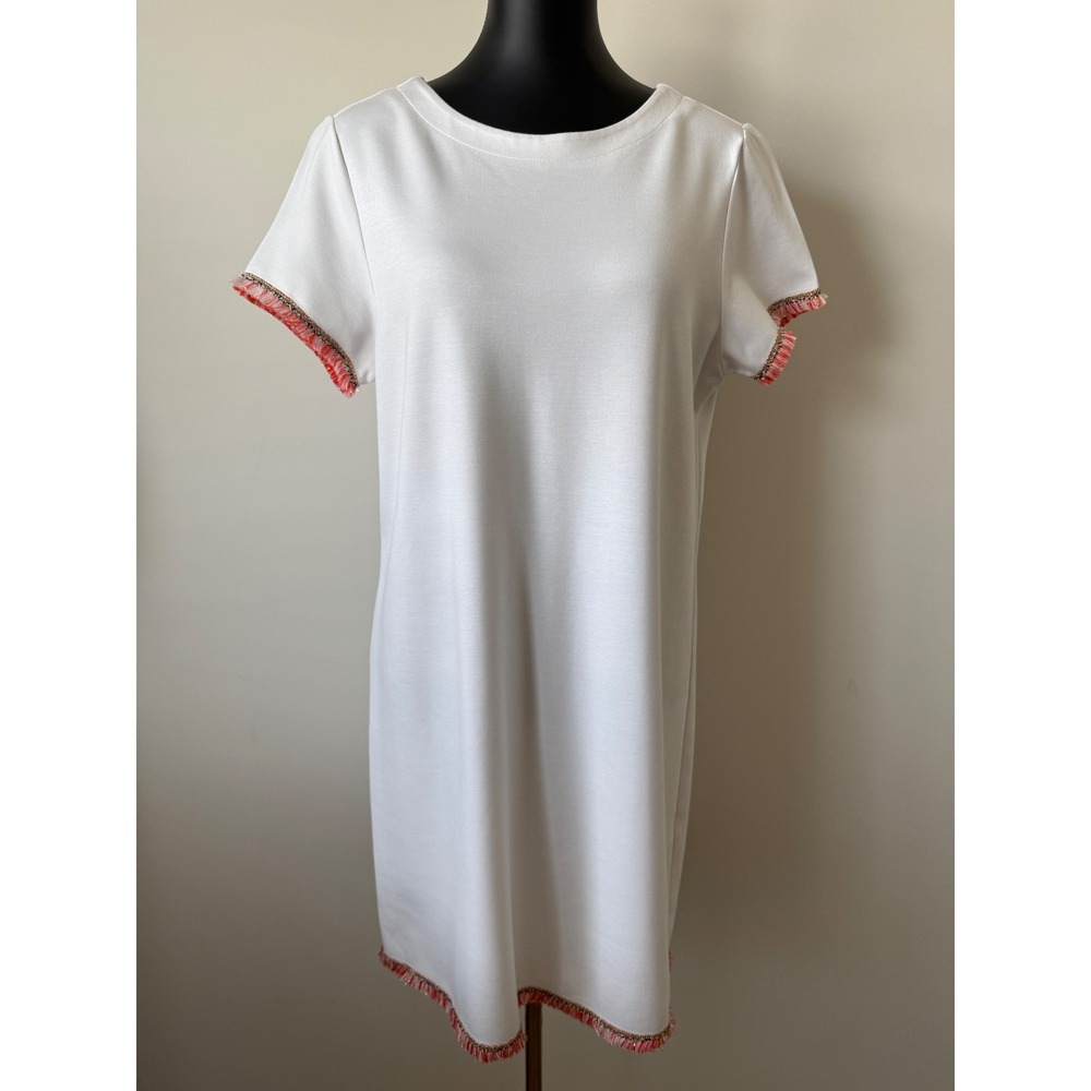 Jude Connally White Shift Dress Coral Pink Gold Fringe Trim Short Sleeve Large